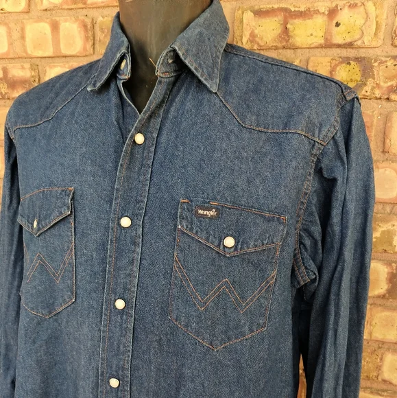 Vintage Wrangler Denim Western Shirt Pearl Snaps Men's 17 L/XL